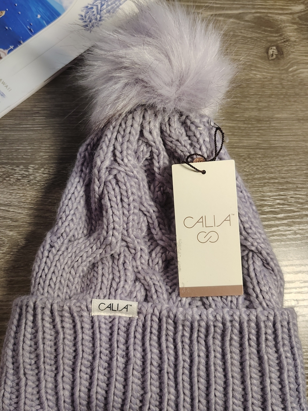 CALIA Women’s Light Purple Lily Cable-Knit Pom Pom Beanie Hat Lined One Size